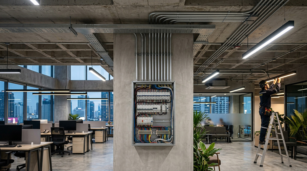 Commercial-grade wiring, distribution boards, and energy-efficient lighting solutions